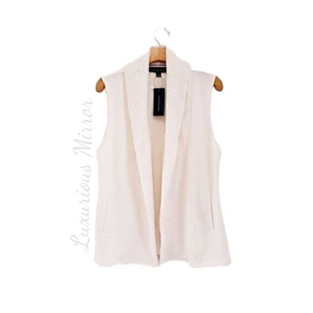 Tommy Hilfiger Womens Sherpa Collared Open Front Ivory Sleeveless Vest Sz M New